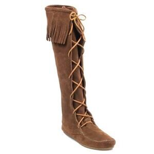 MINNETONKA Women's 8 Brown Suede Moccasin Fringed Knee High Lace Up Boots 1428